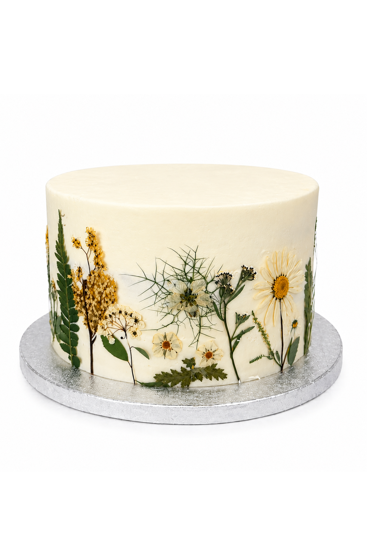 Single Tier Pressed Flower Wedding Cake